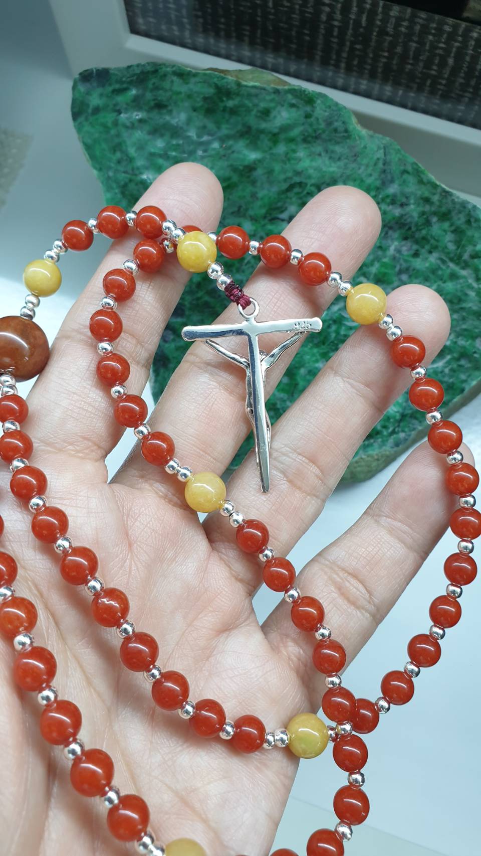 Red and Yellow Jade Rosary 24.5in Natural Myanmar Jadeite S925 Crucifix