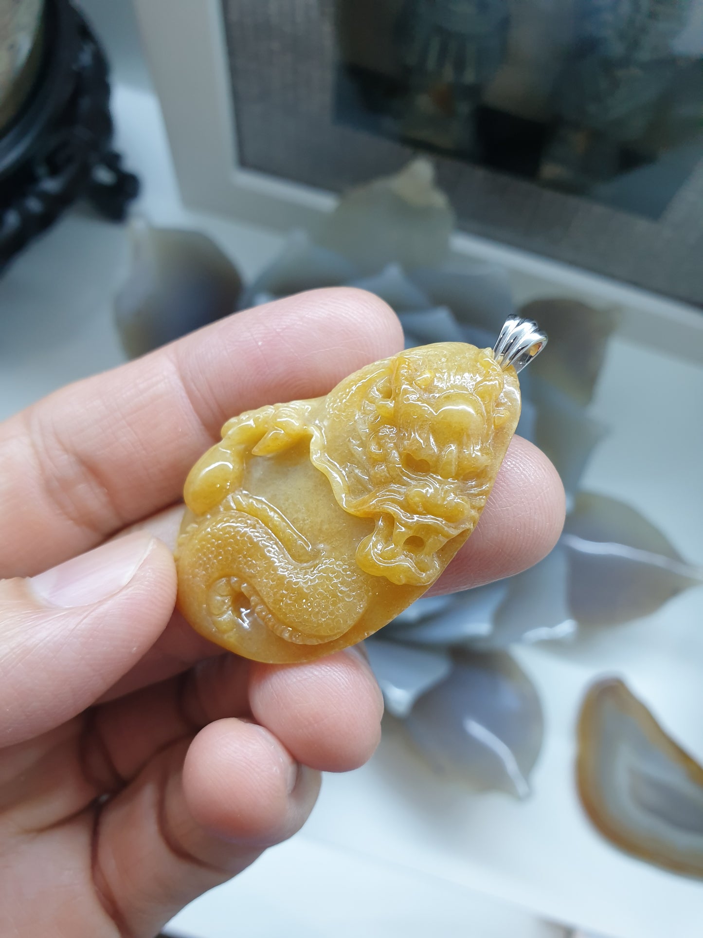 Vintage Honey Jade Dragon Pendant | Type A Natural Jadeite | Authentic Sterling Silver