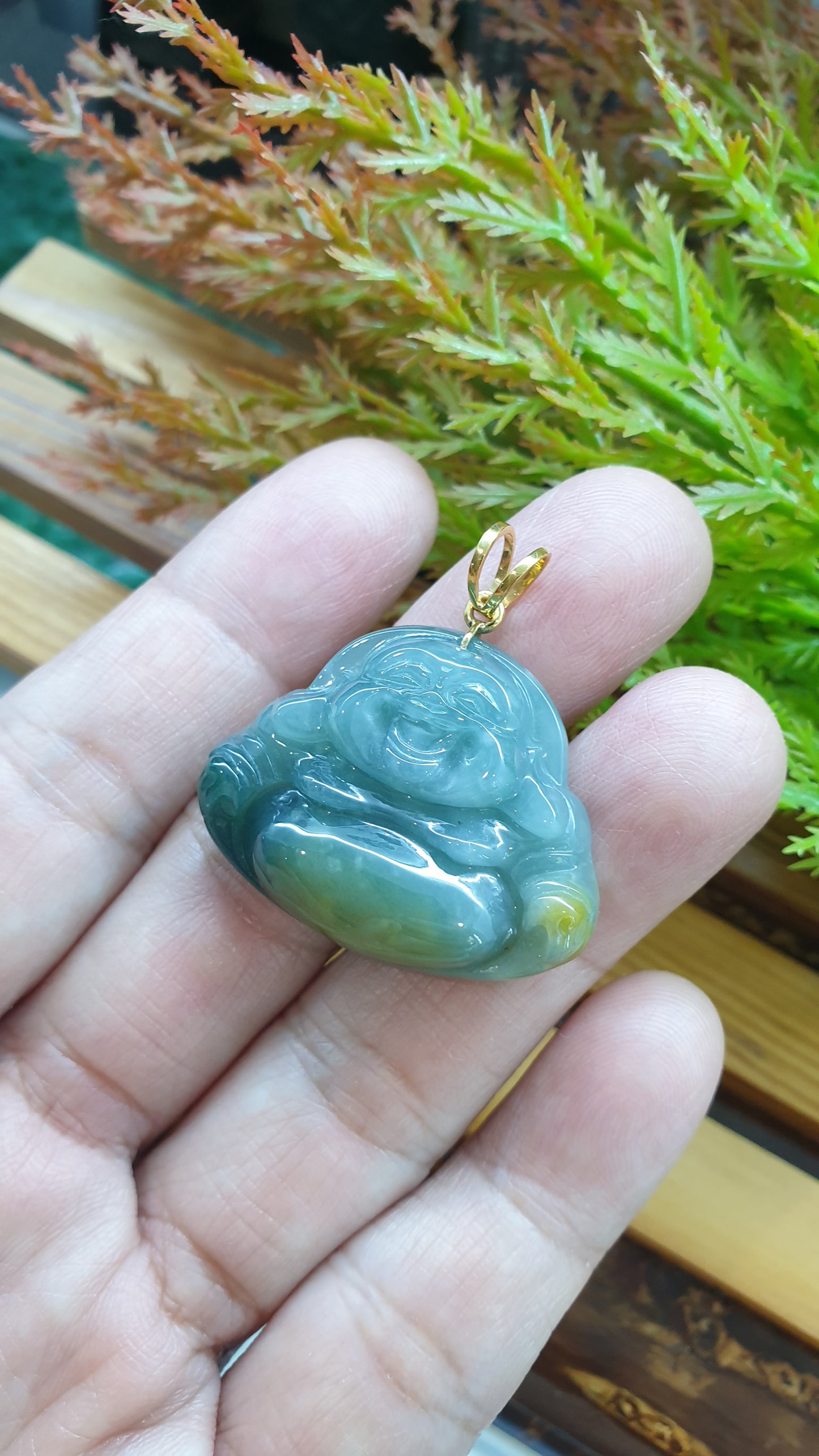 14K Solid Gold Jade Budai Prosperity Pendant Type A Natural Honey Blue Jadeite