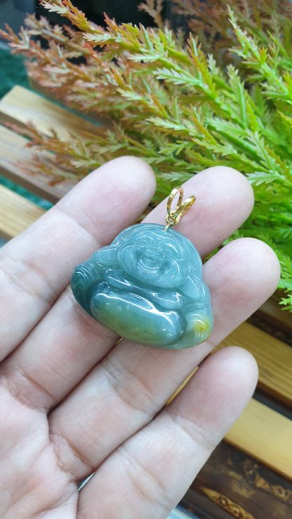 14K Solid Gold Jade Budai Prosperity Pendant Type A Natural Honey Blue Jadeite