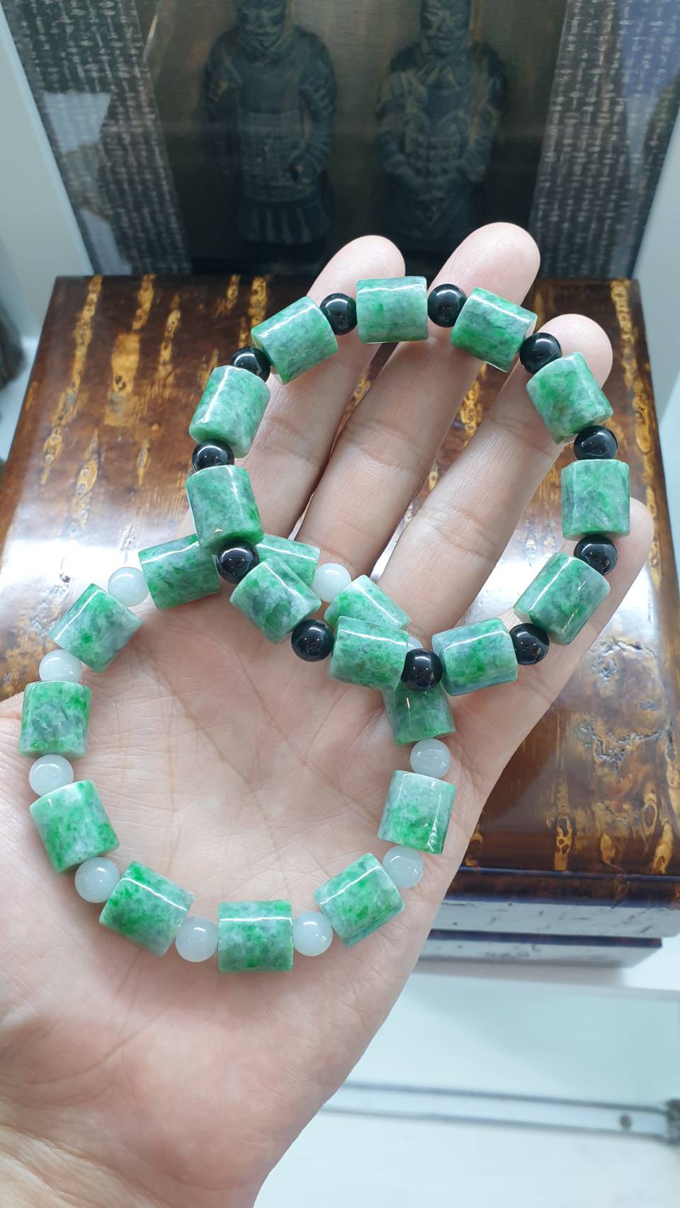 Jade Cylinder Beads Bracelets (18 cm) | Mottled Green, Type A Natural Jadeite | His or Hers Wrist Accessories