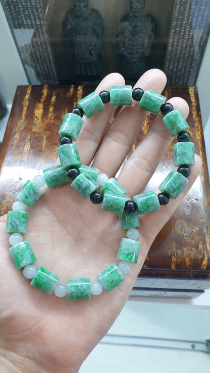 Jade Cylinder Beads Bracelets (18 cm) | Mottled Green, Type A Natural Jadeite | His or Hers Wrist Accessories