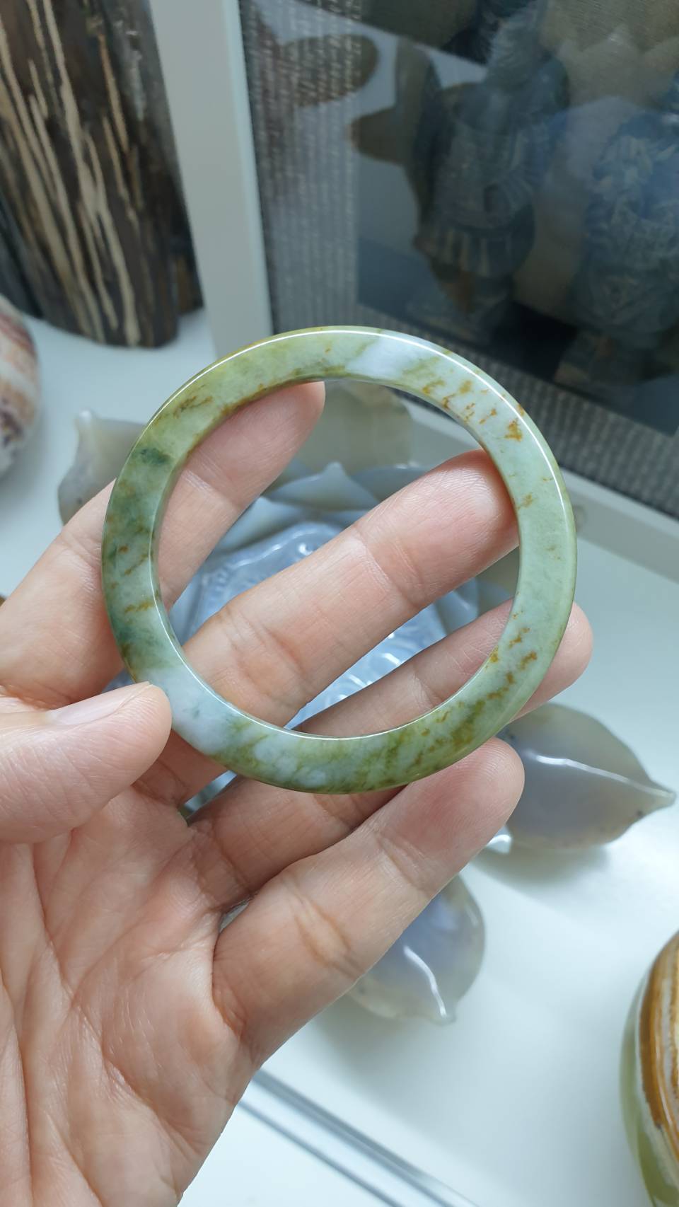 Honey Green Jade Slim Bangle S58.5 Myanmar Type A Jadeite 4.5mm Width
