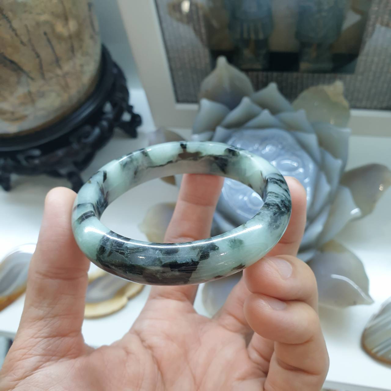 Marbled Blue Jade Bangle (S 60 or 61) | Type A Natural Jadeite | Lucky Charm Wrist Candy for Her