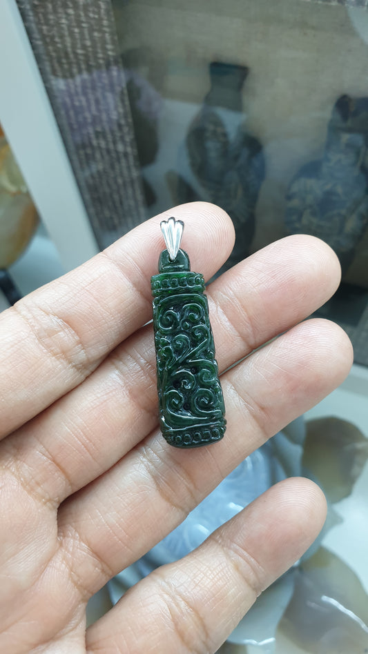 Black Jade Ru Yi Pendant (Selection) | Fei Cui - Type A Jade | Sterling Silver