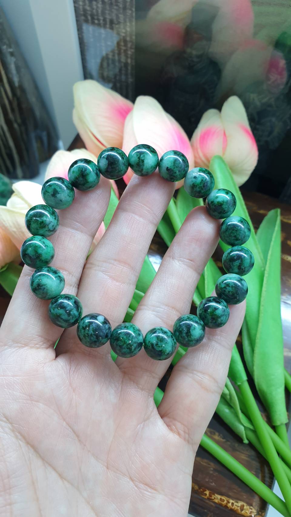 Natural Marbled Green Jadeite Bracelet 18cm with 11mm Beads - Selection