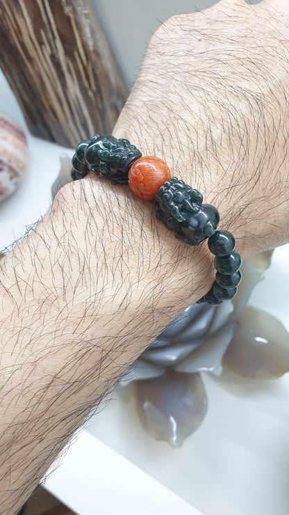 Deep Blue Jade Twin Pixiu + Red RuYi Bead | His or Hers Wealth Magnet Bracelet | Type A Natural Jadeite