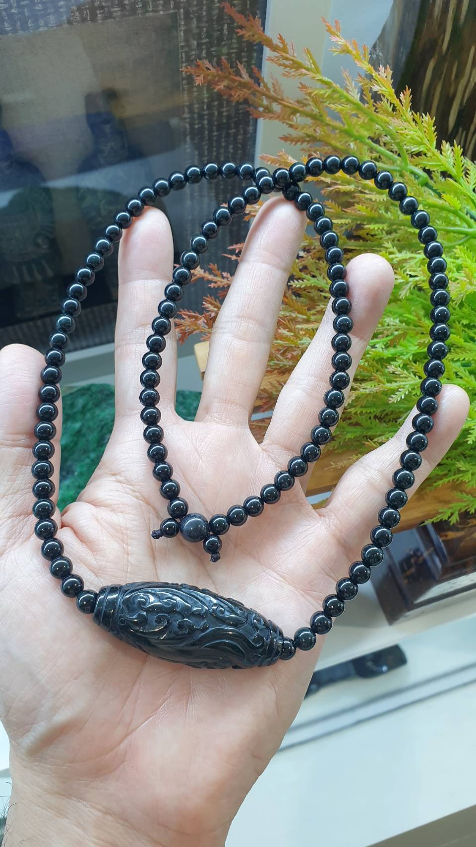 Black Jade Ru Yi Matinee Necklace 28inch Type A Natural Myanmar Jadeite