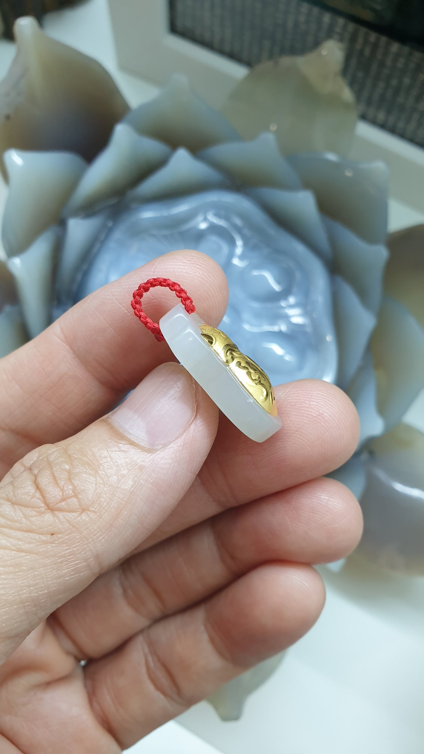 24K Gold Cicada Pendant | (4D Printed / Coated) | Natural Hetian Jade | Lucky Red Thread