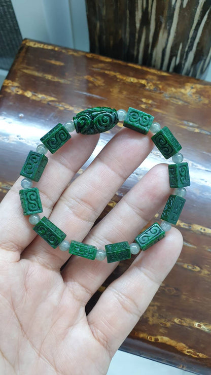 Type A Natural Green Jadeite Ru Yi Bracelet 17cm with Rectangular Beads