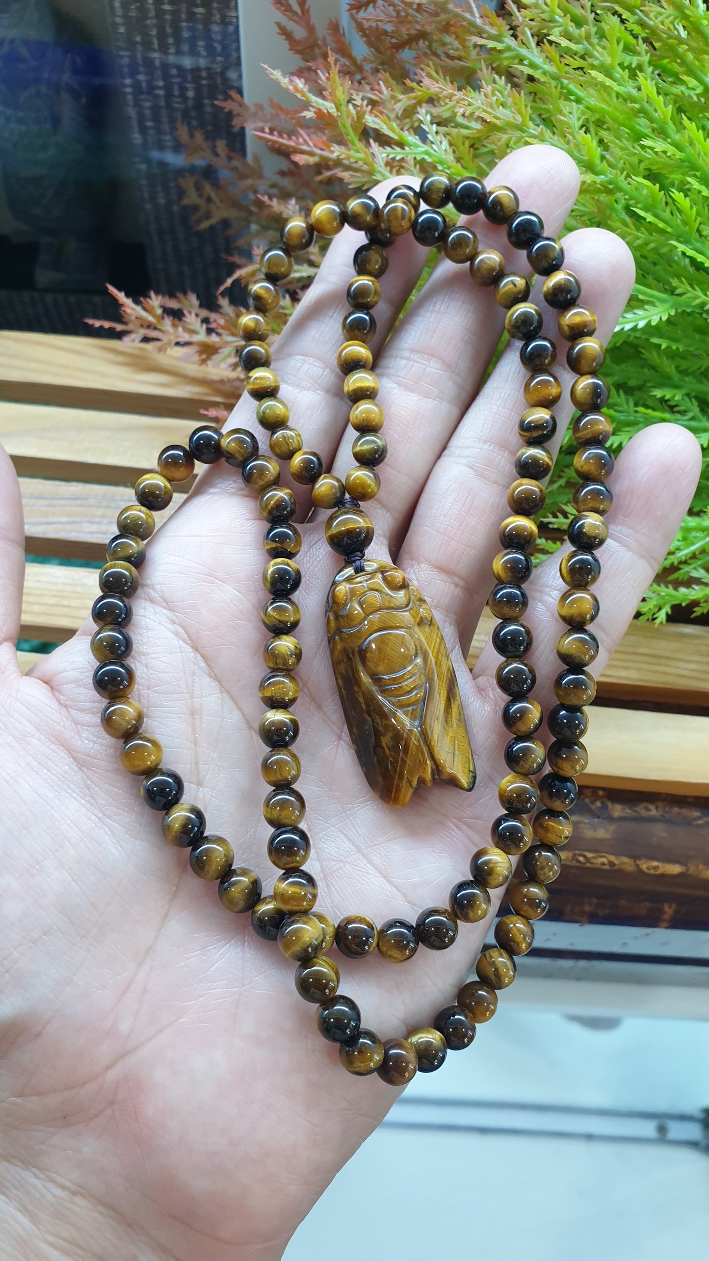 Tiger Eye Cicada Luckycharm Necklace 26inch Natural Gemstone Handcrafted Jewelry