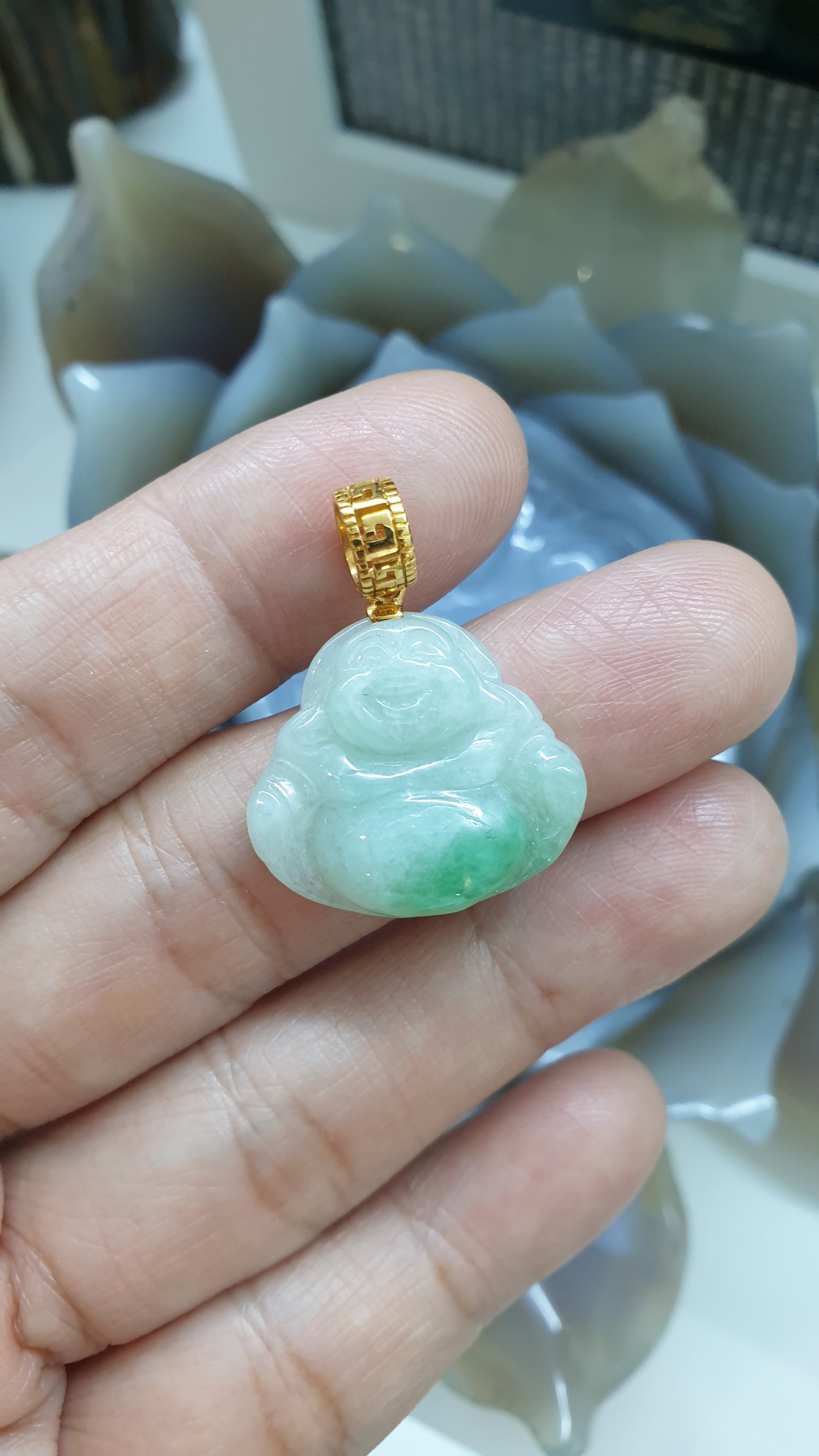 Moss in Snow Jade Happy Buddha Pendant | Solid 18K Gold | Wealth & Fortune Jewelry