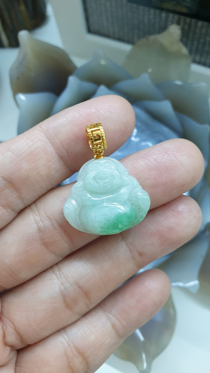 Moss in Snow Jade Happy Buddha Pendant | Solid 18K Gold | Wealth & Fortune Jewelry