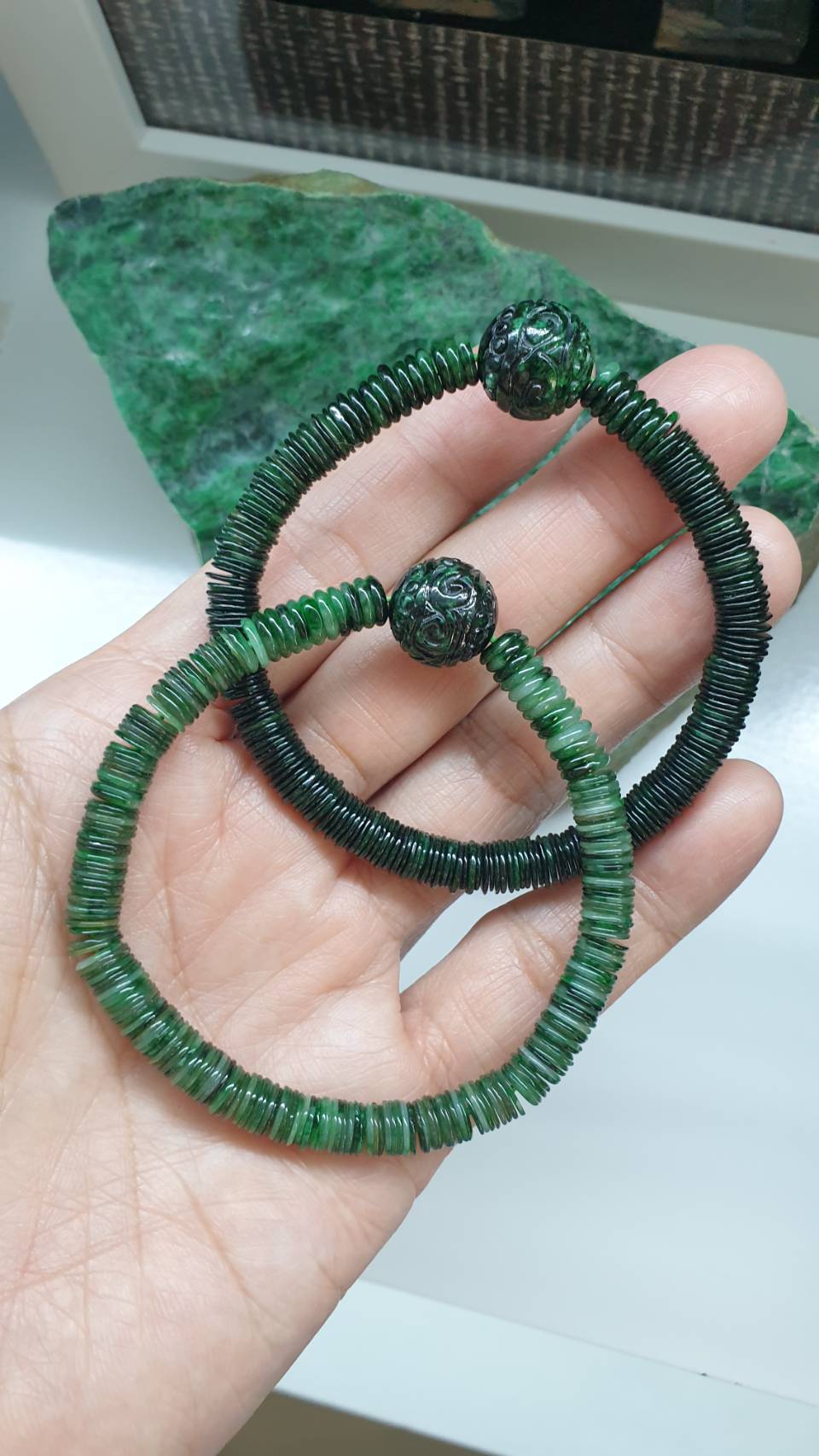 Unique Jade Bracelet 17cm Type A Disc and Ru Yi Beads Natural Green Myanmar Jadeite