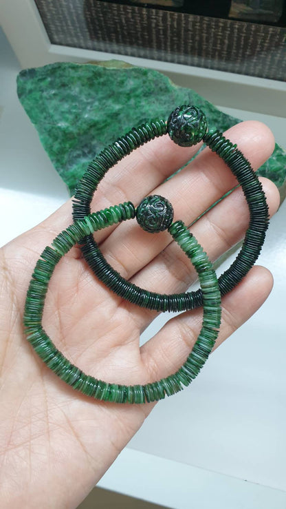 Unique Jade Bracelet 17cm Type A Disc and Ru Yi Beads Natural Green Myanmar Jadeite