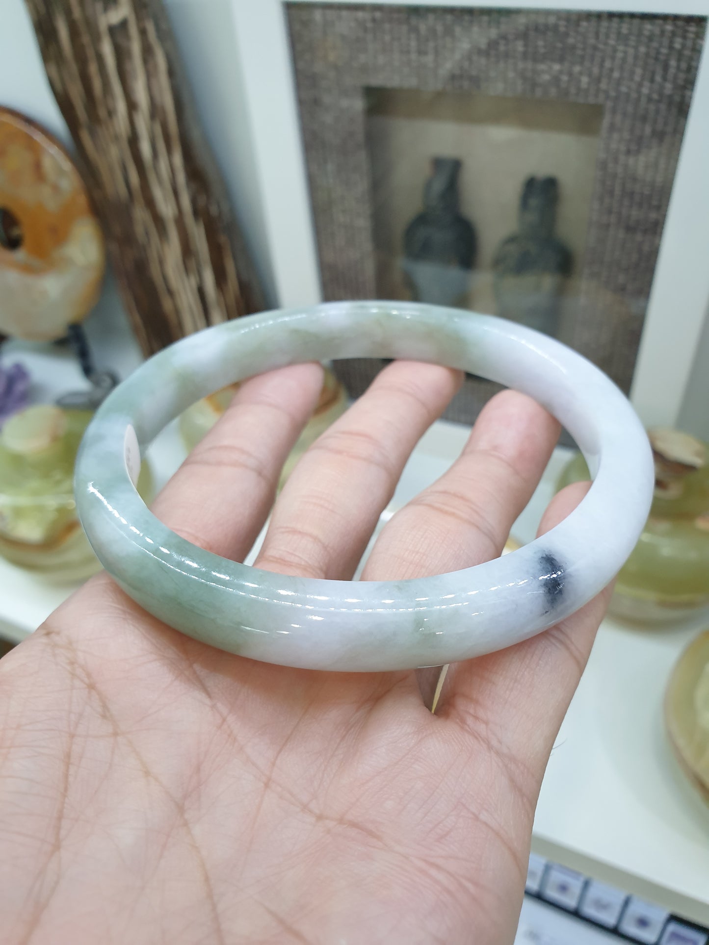 Plus Size Marbled Green Jade Bangle S80.5 Myanmar Natural Jadeite Type A