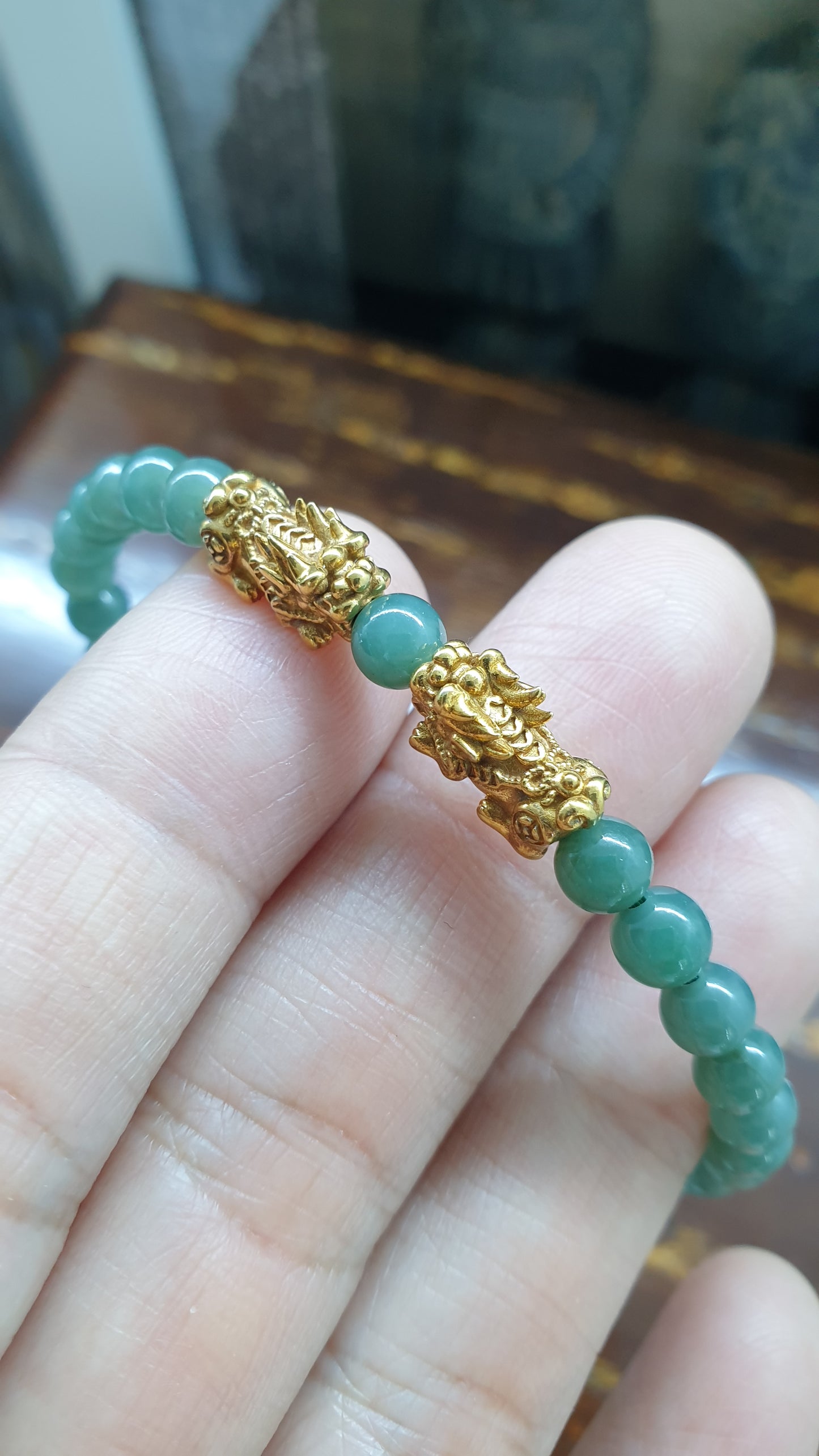 Fortune Dragon Wealth Bracelets | Solid 9K Gold Pixiu | Fei Cui - Type A Jadeite Beads