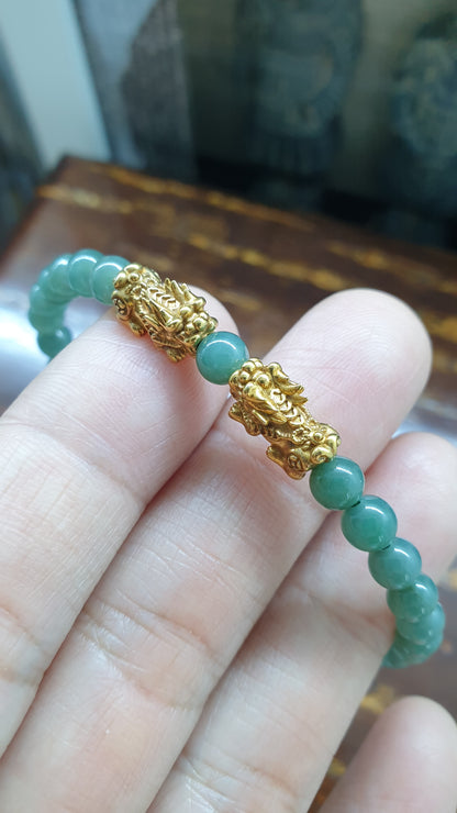 Fortune Dragon Wealth Bracelets | Solid 9K Gold Pixiu | Fei Cui - Type A Jadeite Beads