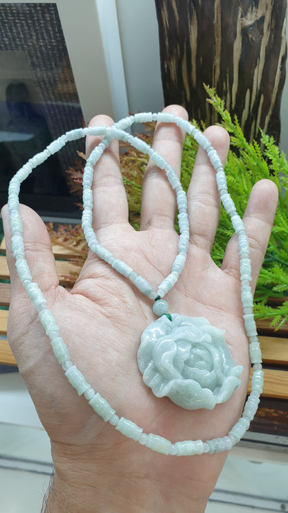 Peony and Bamboo Beads White Jade Necklace 26inch Type A Myanmar Jadeite