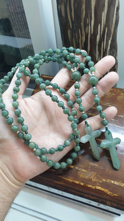 Green Jade Rosary 26inch - Vintage Natural Jadeite 7.5mm Beads - Handcrafted Prayer
