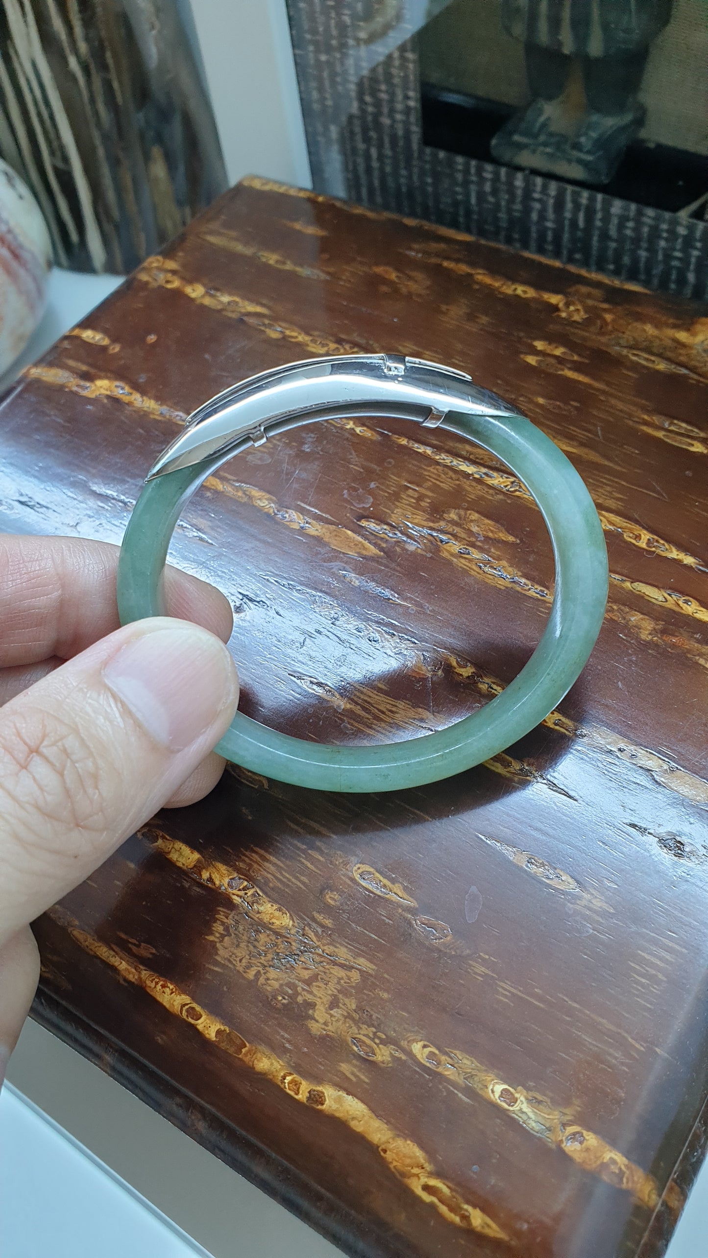 Elegant Cross on Jade Bangle (S 54) | Fei Cui Type A Jadeite & Sterling Silver | Statement Wrist Accessory