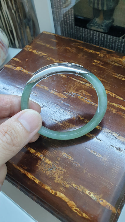 Elegant Cross on Jade Bangle (S 54) | Fei Cui Type A Jadeite & Sterling Silver | Statement Wrist Accessory