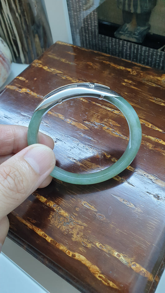 Elegant Cross on Jade Bangle (S 54) | Fei Cui Type A Jadeite & Sterling Silver | Statement Wrist Accessory