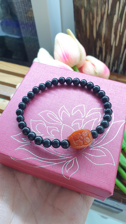 Black Jade Luck Magnet Bracelet 17cm Red Jade 4Leaf Clover Charm Natural Jadeite