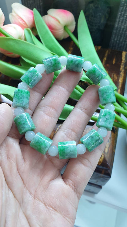 Jade Cylinder Beads Bracelets (18 cm) | Mottled Green, Type A Natural Jadeite | His or Hers Wrist Accessories