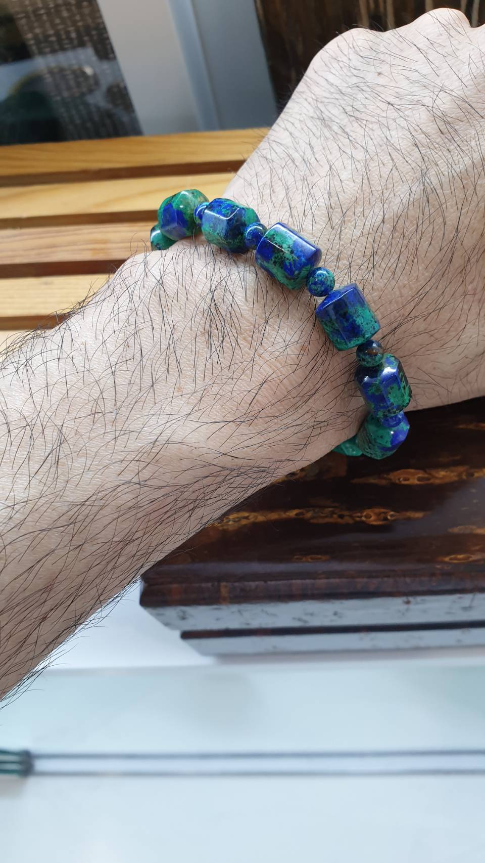 Azurite-Malachite Stylish Bracelet 17 cm, Authentic Stone Cylinder Beads 10 mm
