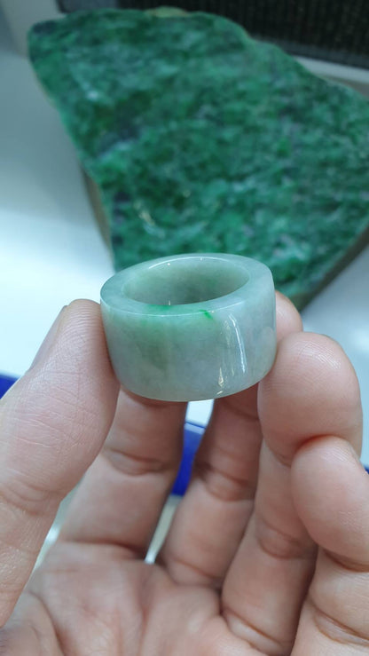 Green Jade Archers Ring 9US Elegant Gray Tone Type A Natural Myanmar Jadeite