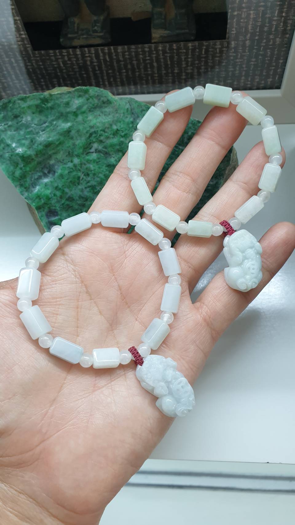White Jade Pixiu Charm Bracelet 17cm Myanmar Type A Jadeite Cylinder Beads