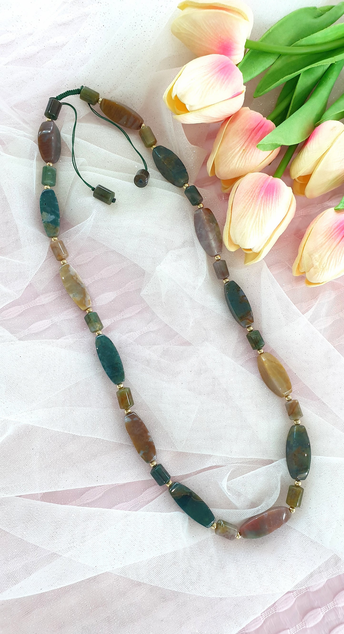 Moss Agate Beaded Necklace (24") | Natural Stones & Gold Vermeil Beads | Elegant Necklace for Lady Executives