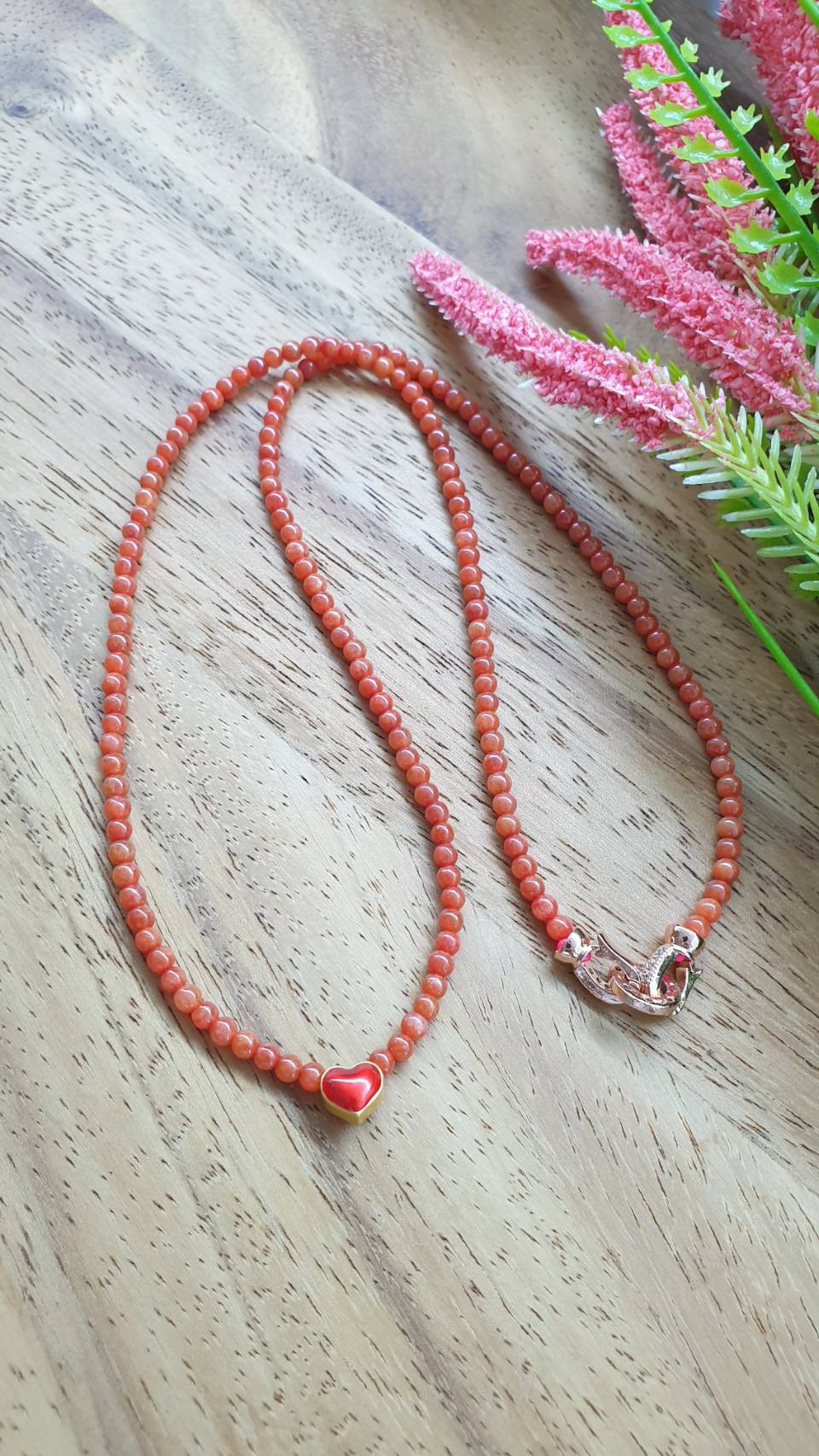 Red Jade Beads Necklace 18inch 24K Gold Heart Type A Myanmar Jadeite
