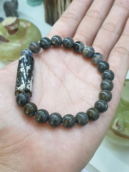 Vintage Intaglio Stamp Cylinder on Stegodon Fossil Beads Bracelet 17cm Natural Stones
