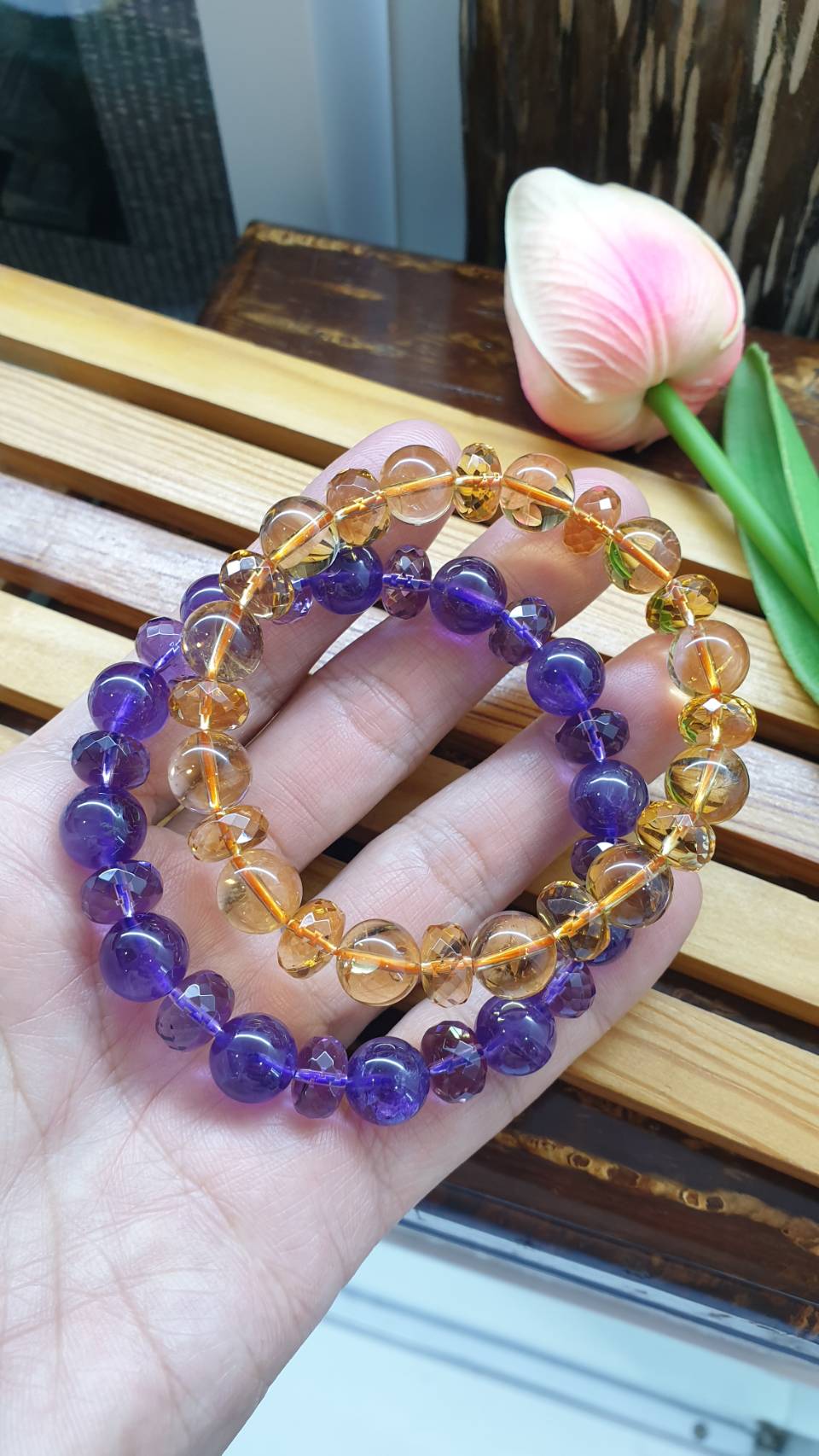Citrine and Amethyst Paired Bracelets 17 cm - Natural Gemstone Beads