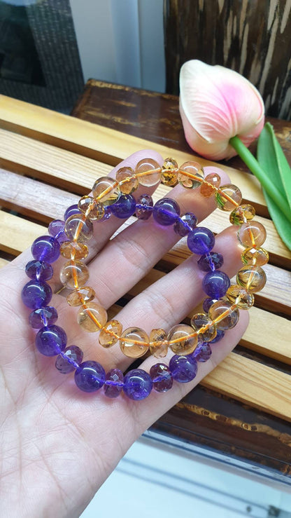Citrine and Amethyst Paired Bracelets 17 cm - Natural Gemstone Beads