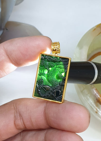 Genuine Black Jade Dragon Pendant 🐉| 18K Gold Setting | Type A Natural Jadeite
