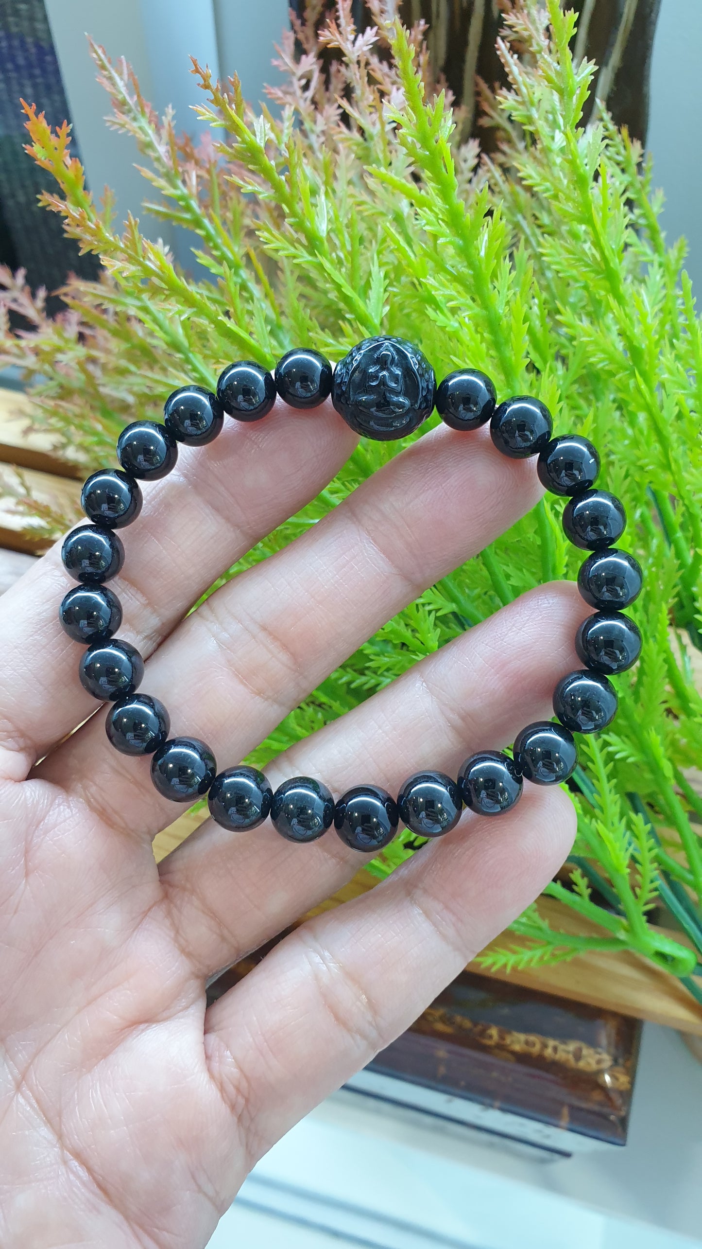 Black Jade Buddha Peace Bracelets 17cm Natural Burma Jadeite 8mm Beads