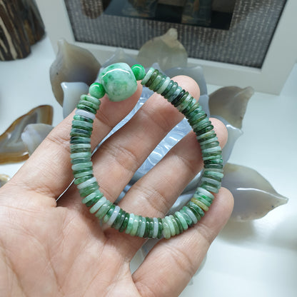 Stacked Ping An Kou Jade Bracelet | Moss in Snow Barrel Bead Charm | His or Hers Natural Jadeite Bracelet with Deep Meanings