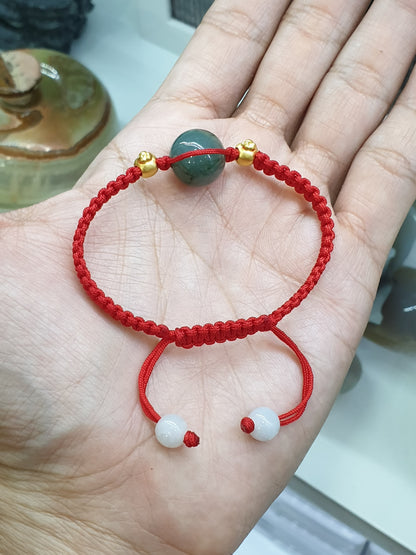 Jade Bead & Gold Lucky Charm in Red Thread Bracelet (Adjustable) | Pure 24K Gold | Fei Cui - Type A Jadeite