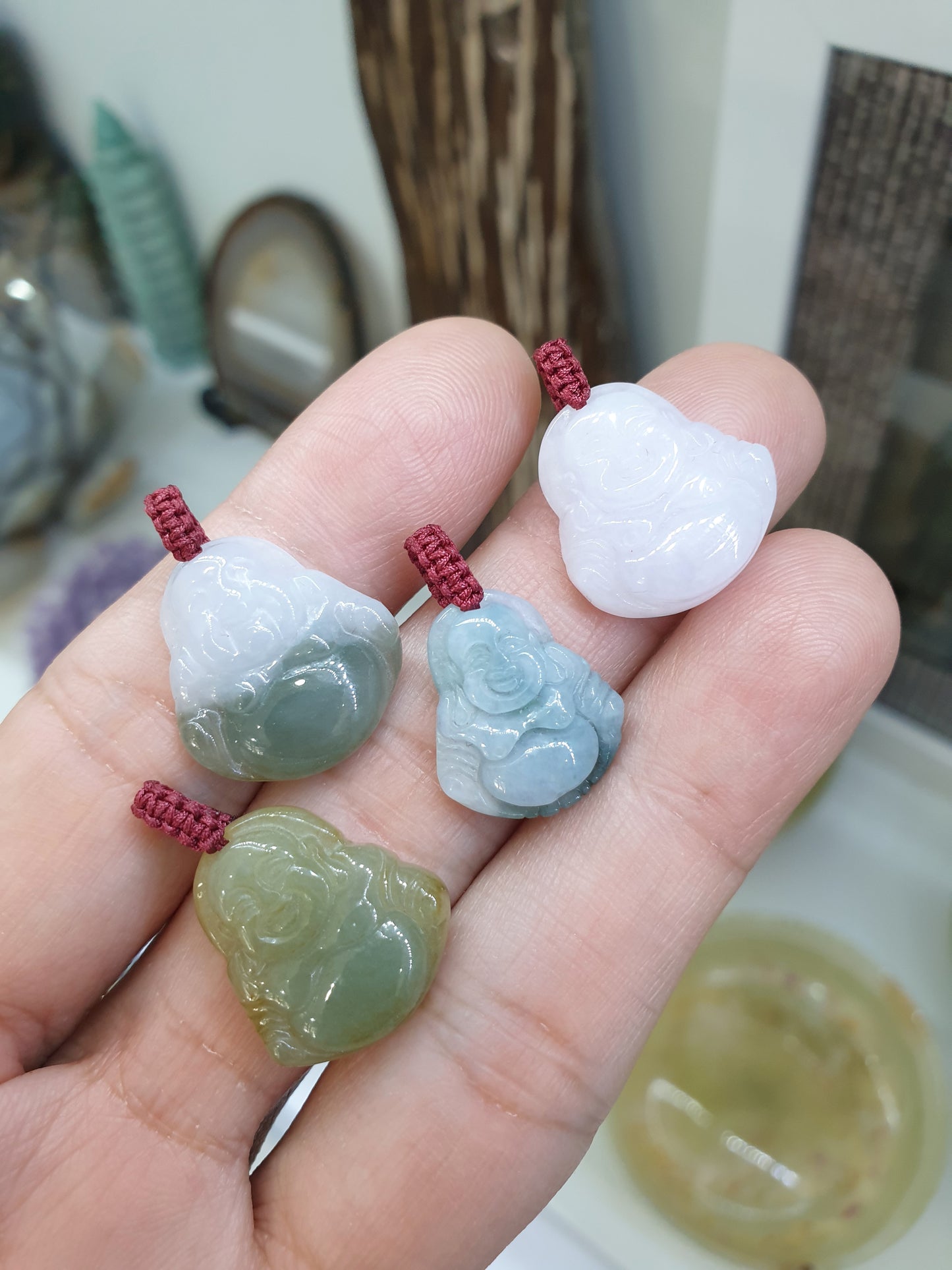 Jade Happy Buddha Pendant | Fei Cui - Type A Jadeite | Handwoven Thread Bail