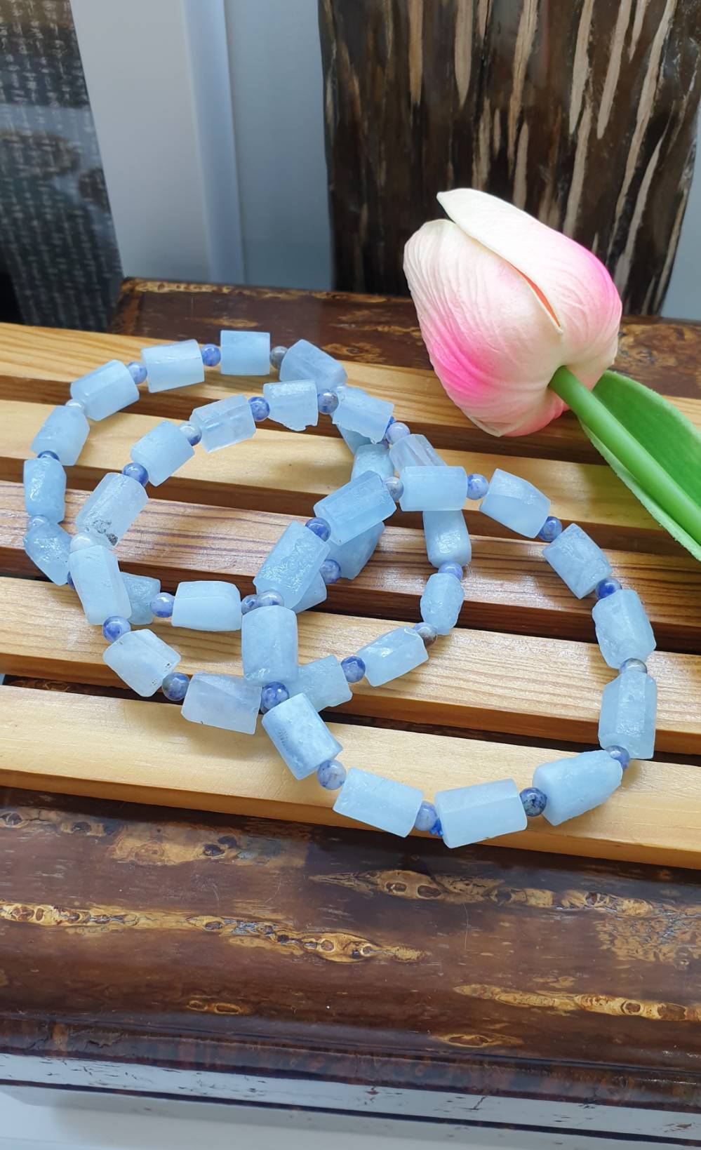 Aquamarine Stretch Bracelets 17cm, Natural Gemstone Rugged Cylinder Beads