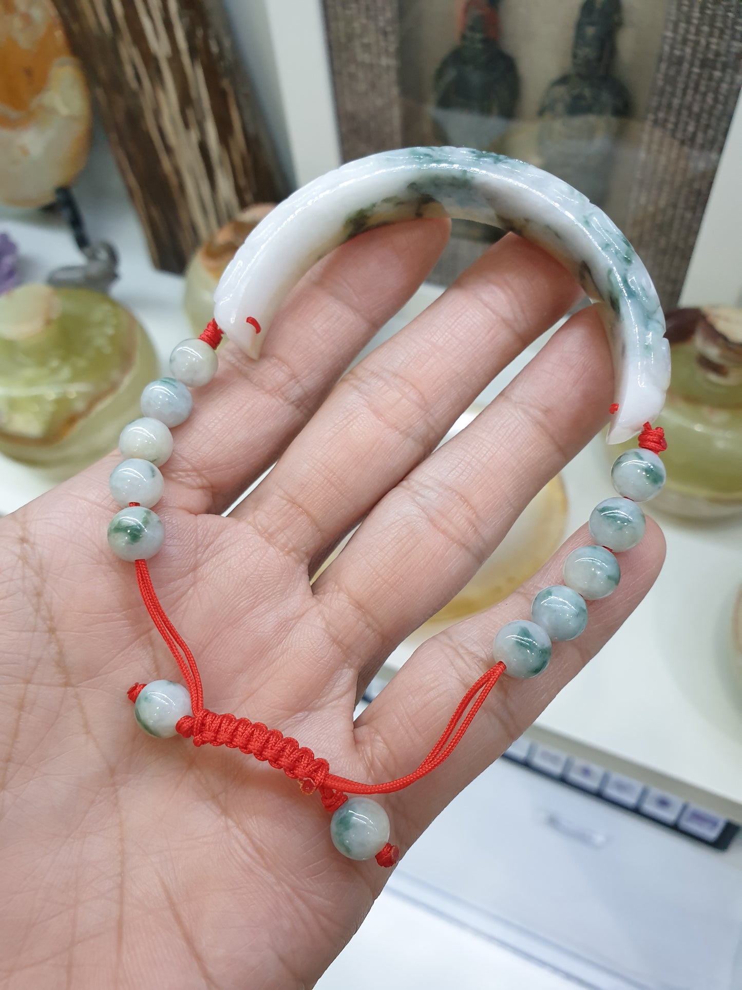 Jade Floral Half Bangle Red Thread Bracelet (Adjustable) | Fei Cui - Type A - Jadeite