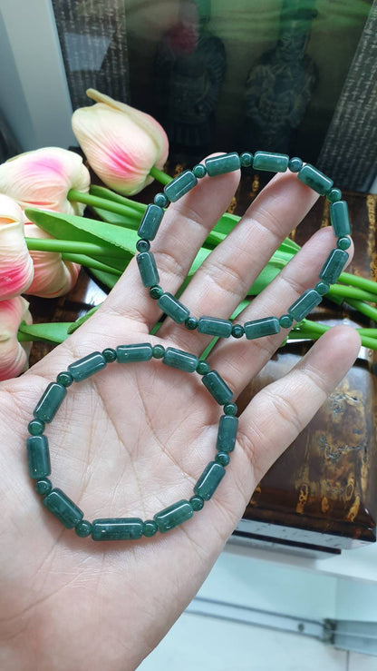 Jade Cylinder Beads Bracelet (16 cm - 17 cm) | Type A Natural Blue-Green Jadeite | His or Hers Wrist Accessory