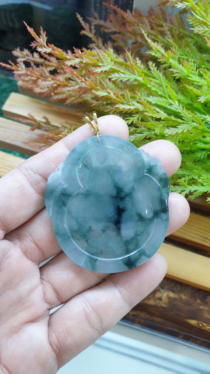 14K Solid Gold Jade Guan Yin Pendant Type A Natural Icy Blue Green Jadeite