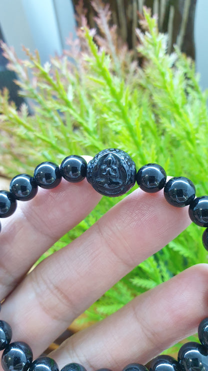 Black Jade Buddha Peace Bracelets 17cm Natural Burma Jadeite 8mm Beads
