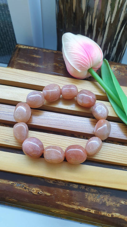 Sunstone Pebbles Bracelet 17cm, Natural Sparkling Orange Gemstone Beads