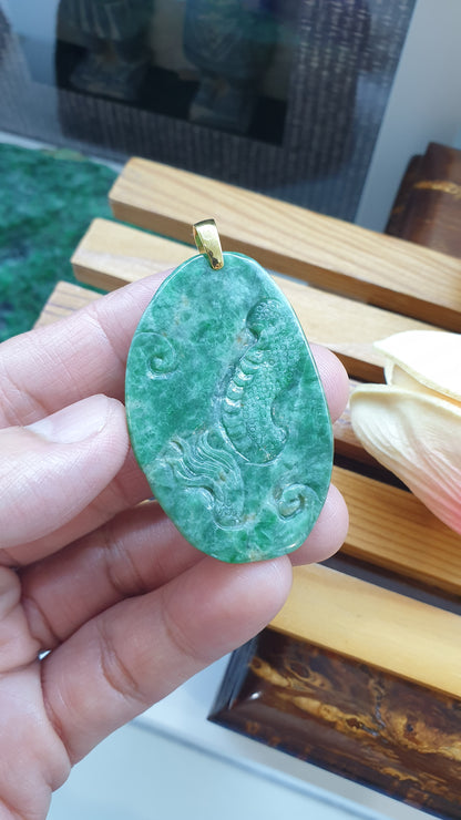 18K Gold Jade Dragon Pendant Fei Cui Type A Natural Green Jadeite