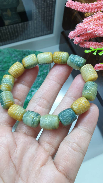 Honey Blue Jade Bracelet 17cm Type A Myanmar Jadeite Two Toned Barrel Beads